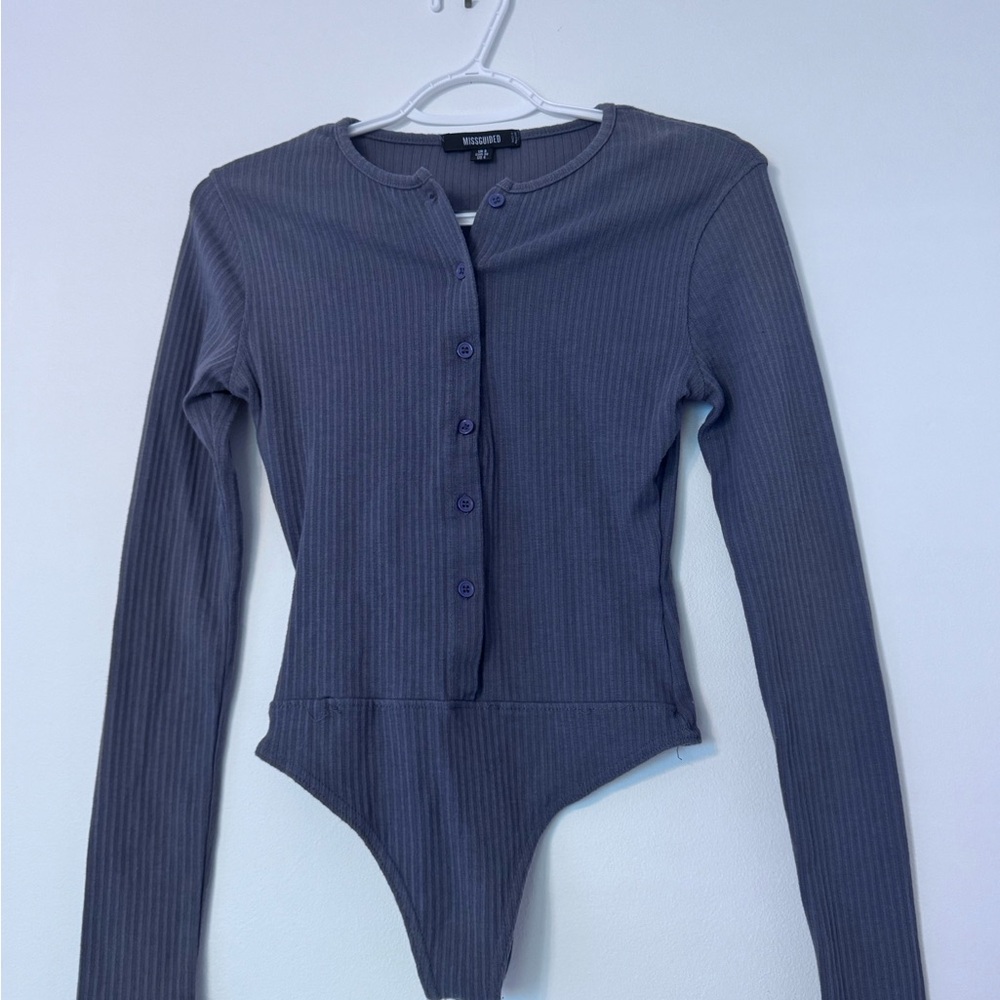 Missguided Charcoal Ribbed Button-Up Bodysuit